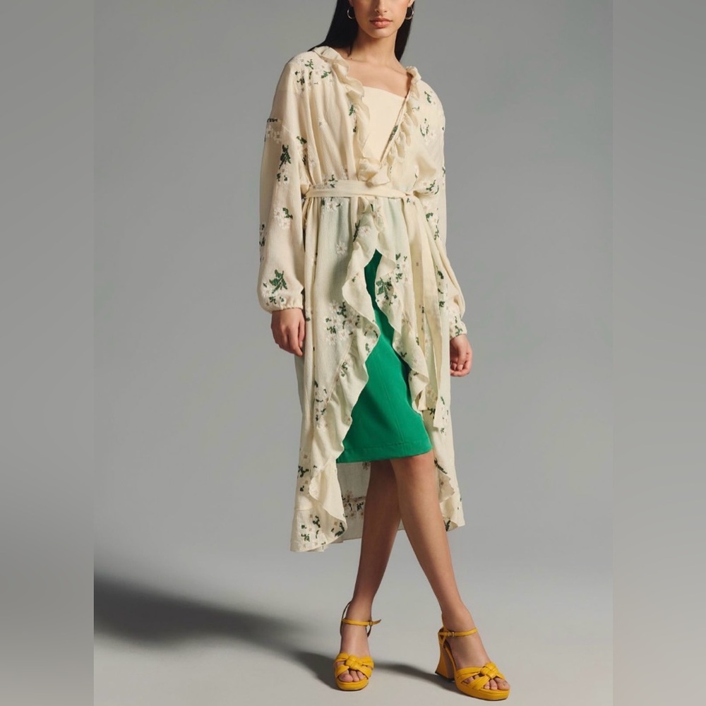 Anthropologie Floral Ruffle-Hem Duster NWOT Cream Cross Stitch Embroidery OS